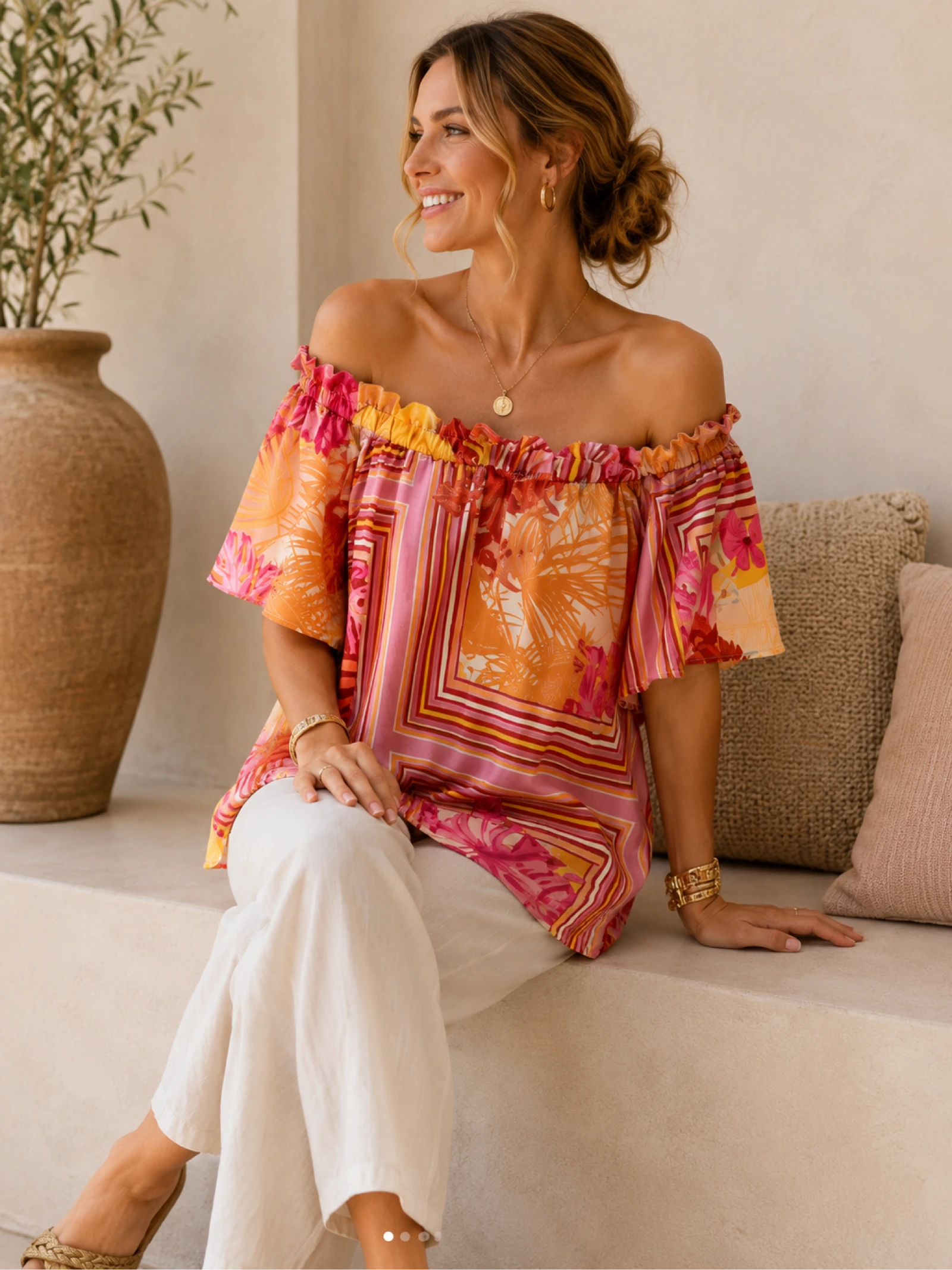 Rinascimento off shoulder top XS roze oranje print Made in Italy